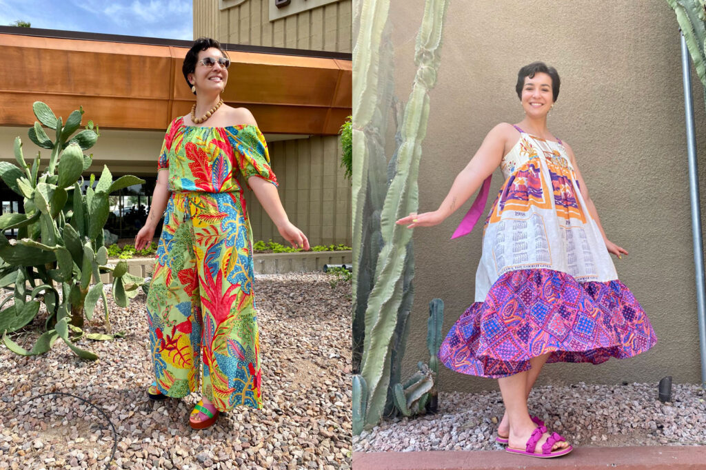 collage of person wearing two brightly colored, tropical outfits