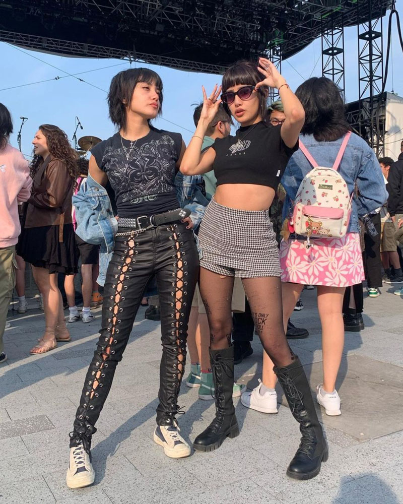 @calderon.twins in similar all-black alt looks, wearing graphic tees and leather pants and accessories, @calderon.twins in similar all-black alt looks, wearing graphic tees and leather pants and accessories,