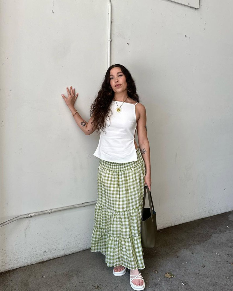 Customer @danixelisa wearing a white tank top, green and white gingham maxi skirt, and white strappy sandals. @danixelisa wearing a white tank top, green and white gingham maxi skirt, and white strappy sandals.
